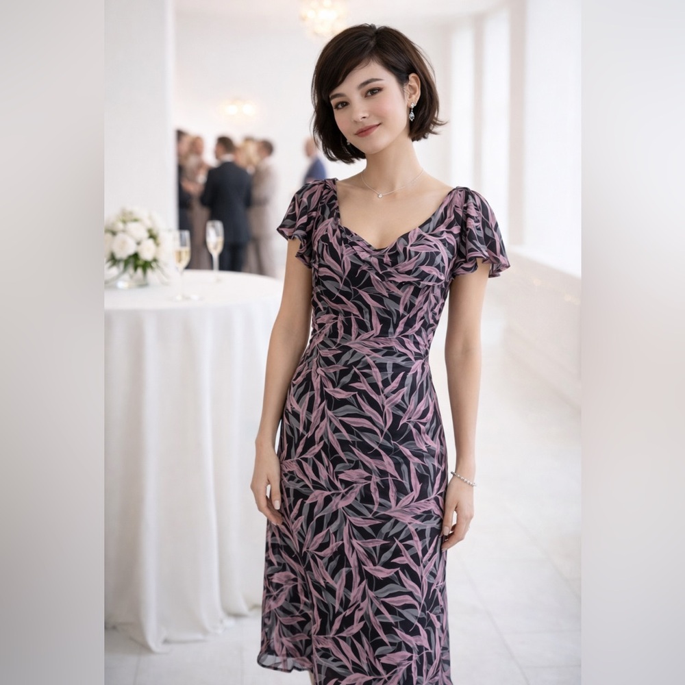Silk Midi Dress Women’s 10 Long Gray Pink Print Y2K Dressy Party Feminine Fairy